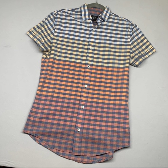 Armani Exchange Men Short Sleeve Rainbow Colorblock Plaid Casual Button-Up Shirt - Picture 1 of 5